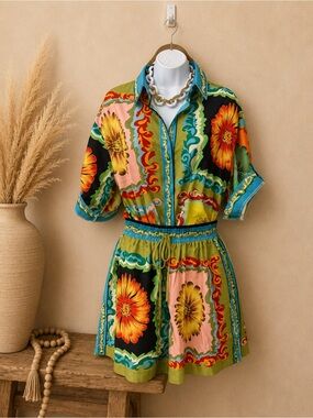 TFY Collection - Vibrant Floral Button-Top w Shorts (set) - Green Multi Color